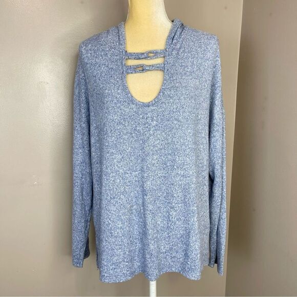 Poof! Tops - Women Sweatshirt Large Hoodie Blue Long Sleeve Hi-Low Poof New York